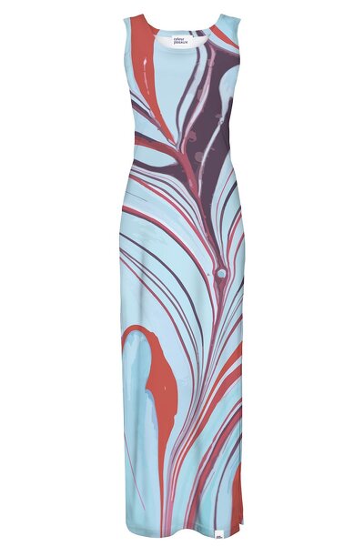 Niebiesko-czerwona sukienka maxi na ramiączkach