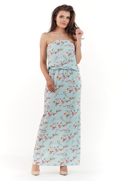 Niebieska sukienka maxi z odkrytymi ramionami