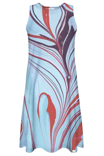 Niebieska sukienka mini w czerwone paski