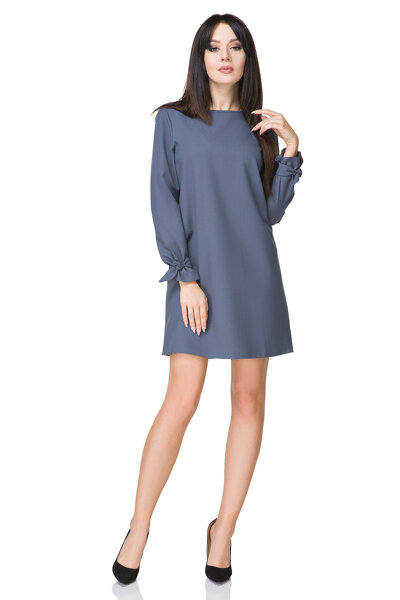 Trapezowa sukienka z ozdobnymi kokardkami  w niebieskim kolorze