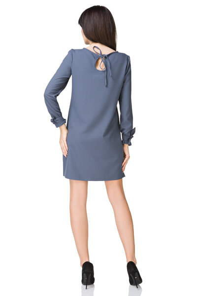 Trapezowa sukienka z ozdobnymi kokardkami  w niebieskim kolorze