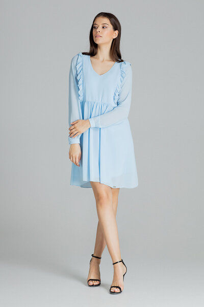 Niebieska zwiewna sukienka z marszczeniem w pasie