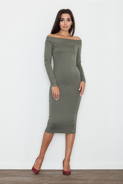 Dopasowana sukienka midi w oliwkowym kolorze
