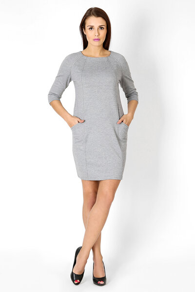 Popielata ołówkowa sukienka z kieszeniami