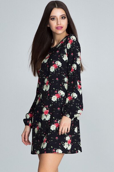 Sukienka mini w czarnym kolorze i w ozdobne kwiaty