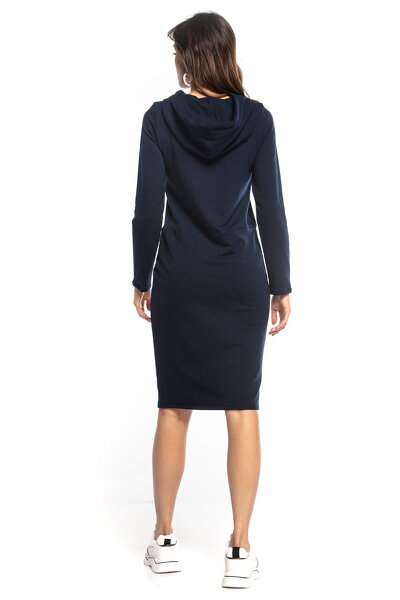 Prosta granatowa sukienka z kieszeniami i kapturem