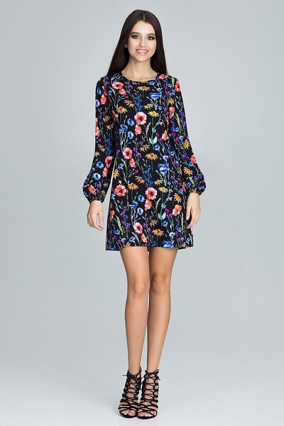 Sukienka mini w kolorowe kwiaty na czarnym tle