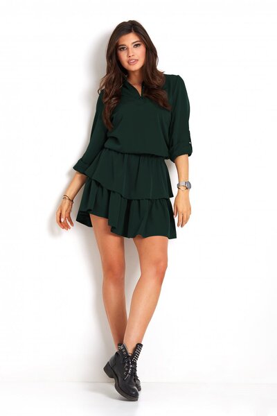 Rozkloszowana zielona sukienka z koszulową górą