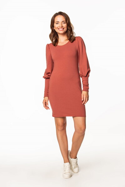 Ruda sukienka mini z bufiastymi rękawami