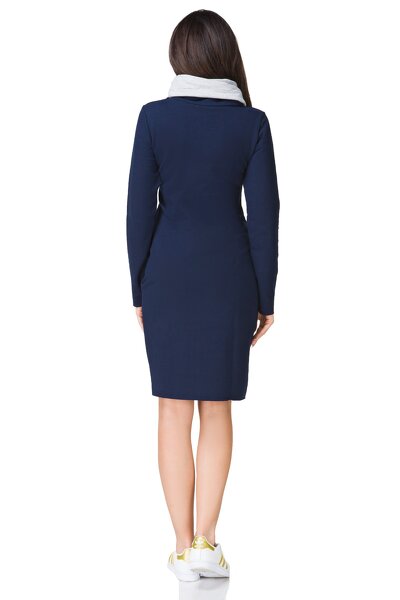 Granatowa sukienka z kominem i kieszeniami