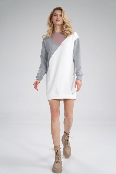 Sportowa sukienka w trzech kolorach ciemnego różu, ecru i szarego