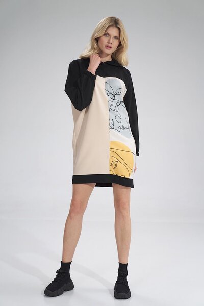 Sportowa sukienka z kapturem w czarno-beżowym kolorze