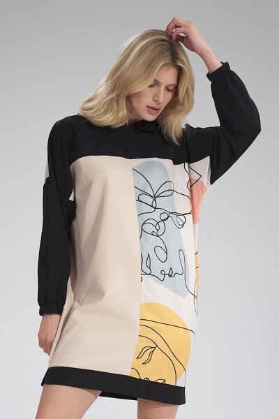 Sportowa sukienka z kapturem w czarno-beżowym kolorze