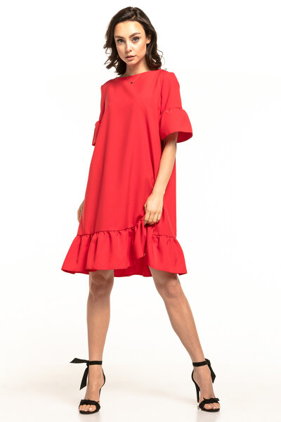 Sukienka czerwona z falbaną, krótki rękaw