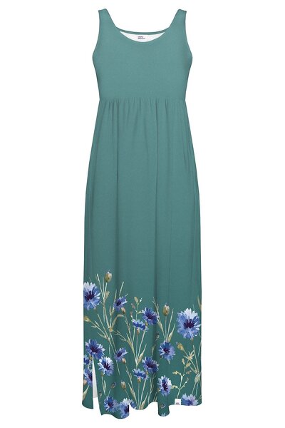 Długa sukienka na ramiączkach ozdobiona niebieskimi kwiatami
