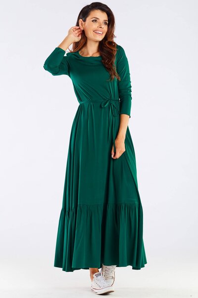 Sukienka maxi w zielonym kolorze z ozdobną falbanką