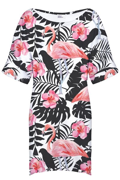 Sukienka z ozdobnym flamingiem w otoczeniu czerni