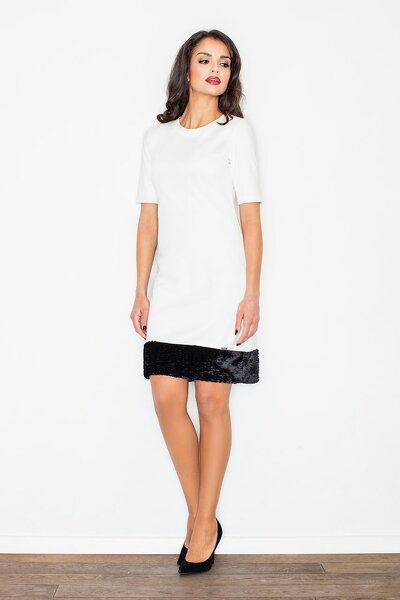 Sukienka midi z ozdobnym futerkiem w kolorze ecru