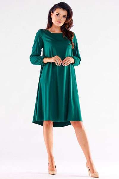 Sukienka midi z przedłużonym tyłem w kolorze butelkowej zieleni