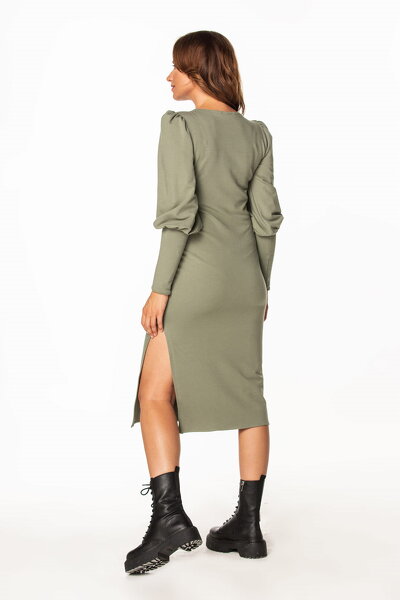 Sukienka midi z rękawami typu bufka w kolorze khaki