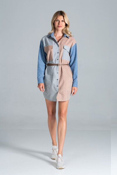 Sukienka mini o koszulowym fasonie w kolorze beżu, szarym i niebieskim