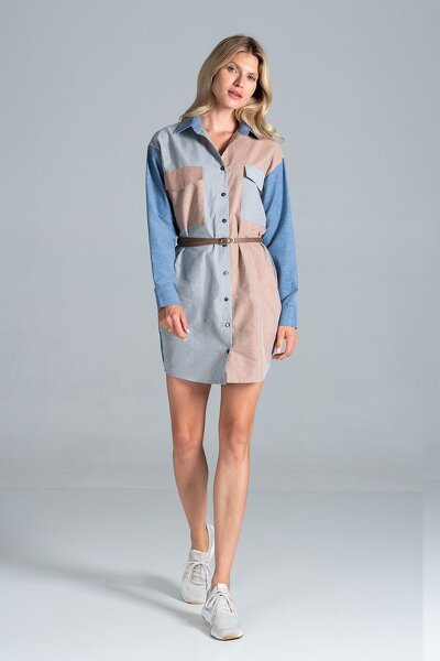 Sukienka mini o koszulowym fasonie w kolorze beżu, szarym i niebieskim