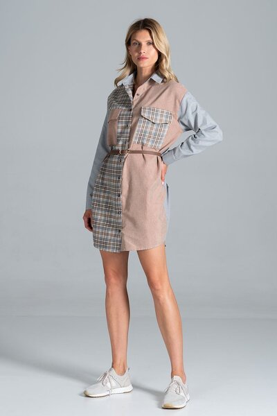 Sukienka mini o koszulowym fasonie w kolorze szarym i beżu