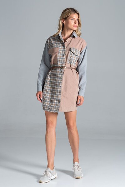 Sukienka mini o koszulowym fasonie w kolorze szarym i beżu
