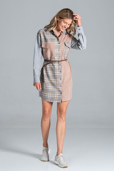 Sukienka mini o koszulowym fasonie w kolorze szarym i beżu