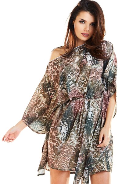 Sukienka mini w brązowej kolorystyce z asymetryczną górą