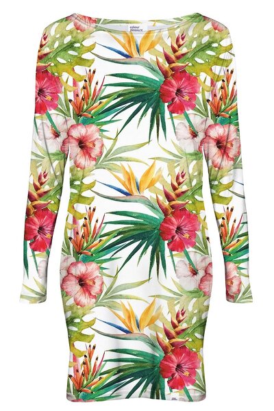 Dopasowana sukienka w egzotyczne kwiaty na jasnym tle
