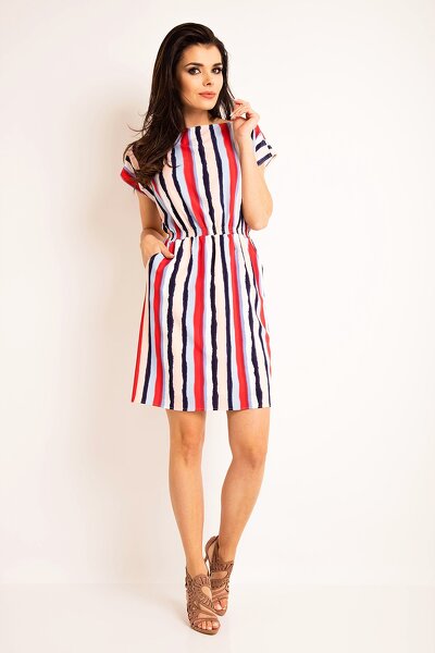 Sukienka mini w kolorowe paski z gumką w pasie