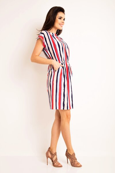 Sukienka mini w kolorowe paski z gumką w pasie