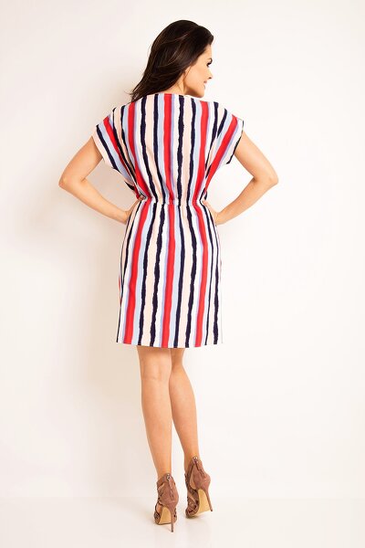 Sukienka mini w kolorowe paski z gumką w pasie