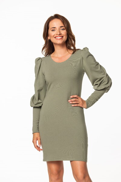 Sukienka mini w kolorze khaki z bufiastymi rękawami