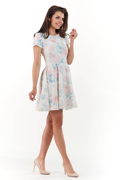 Sukienka mini w pastelowe kwiaty  z rozkloszowanym dołem