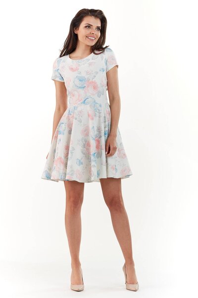 Sukienka mini w pastelowe kwiaty  z rozkloszowanym dołem