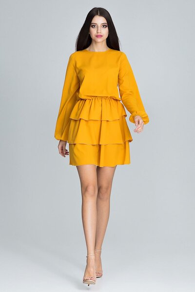 Sukienka mini z potrójną falbaną w kolorze musztardy