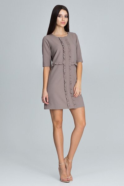 Trapezowa sukienka ozdobiona falbankami w kolorze mocca