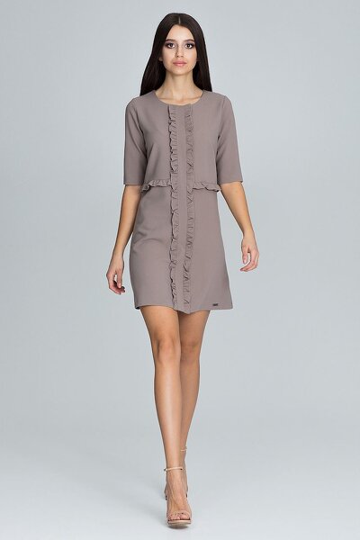 Trapezowa sukienka ozdobiona falbankami w kolorze mocca