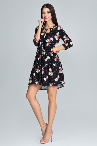 Sukienka trapezowa w drobne czerwono-białe kwiaty