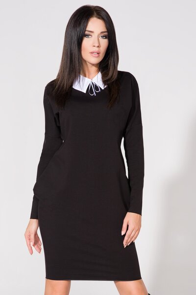 Czarna sukienka midi z kołnierzykiem