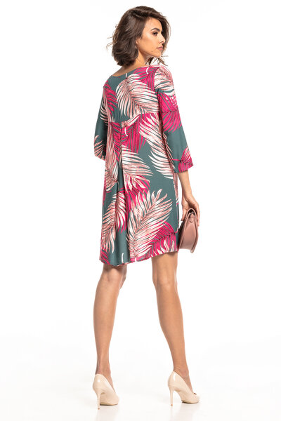 Sukienka z kontrafałdą we wzór z liściem na zielonym tle