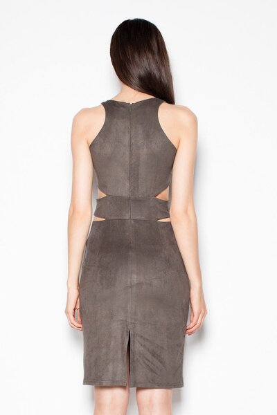 Ciemno brązowa zamszowa sukienka z wcięciami w talii