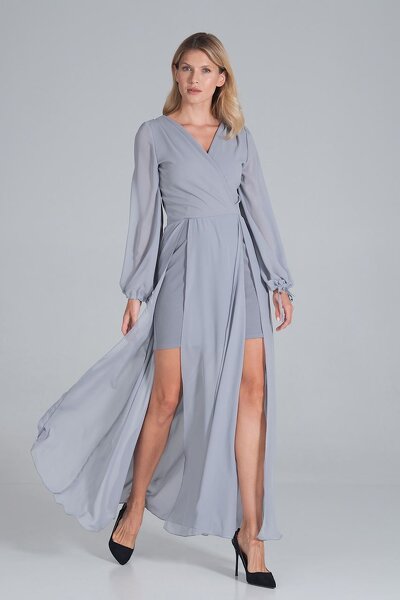 Szara sukienka maxi z wierzchnią warstwą z szyfonu