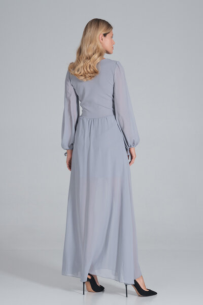 Szara sukienka maxi z wierzchnią warstwą z szyfonu