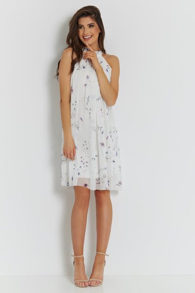 Szyfonowa luźna sukienka w kwiaty uszyta na stójce