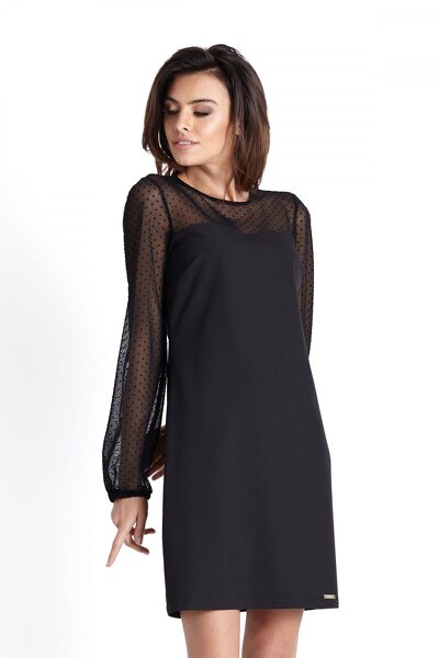 Trapezowa czarna sukienka z siateczkowymi rękawami