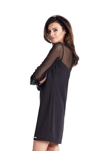 Trapezowa czarna sukienka z siateczkowymi rękawami