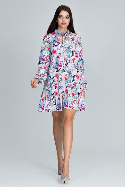 Jasna sukienka trapezowa w kolorowe kwiaty